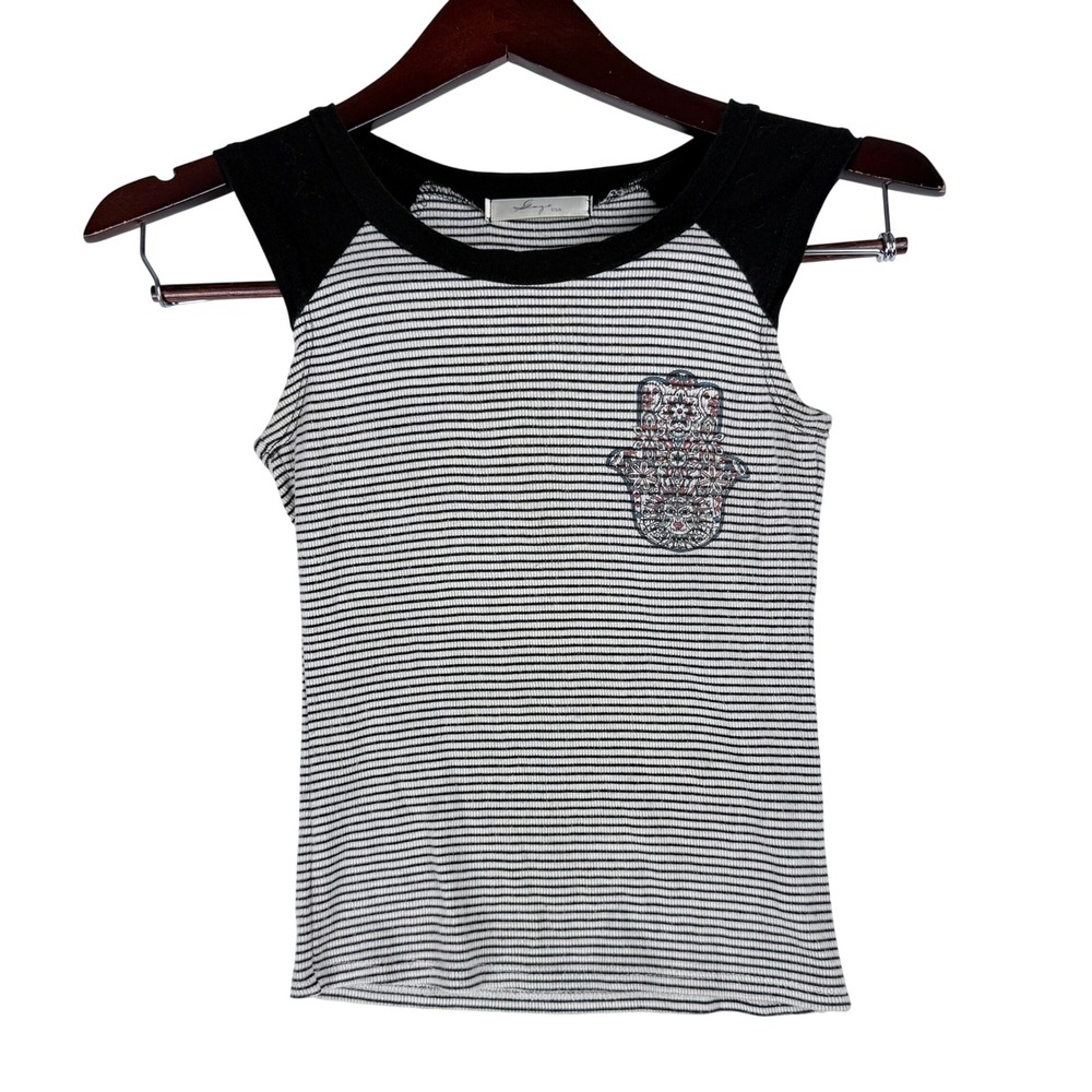 Gaze USA Tank Top Womens XS Black White Striped Hamsa Boho Ribbed Raglan Top